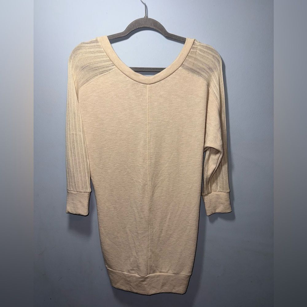 Sparkle & Fade Cream Low V-Cut Back Sheer Sleeve Sweater Tunic Mini Size S EUC
